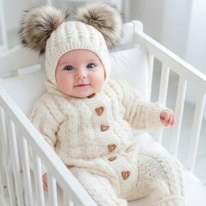 Baby Knitting Pattern PDF – Cable Romper, Bonnet with Pom Poms and Booties