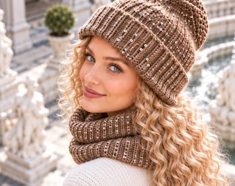 Sequin Hat Cowl Knitting Pattern PDF, Sparkly Ribbed Beanie Snood Set, Beginner Neck Warmer
