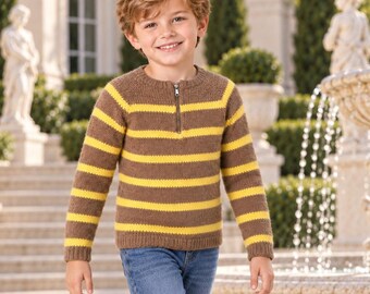 Boys Striped Raglan Pullover Knitting Pattern, Top-Down Quarter Zip Sweater, Jumper, Size 6 PDF