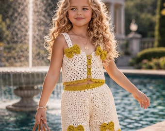 Oma Quadrat Top und Shorts PDF, Boho Mädchen Häkel Outfit, Schleife Sommer Kleidung Pattern