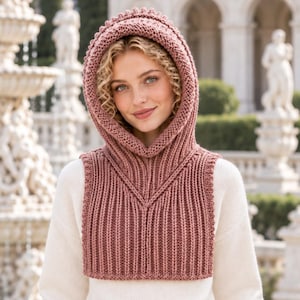 May include: A dusty rose knitted hood with a ribbed texture that covers the head and upper chest, worn over a plain white long-sleeved jumper and white trousers. The hood features a thick, textured knit border around the face and a V-shaped neckline.