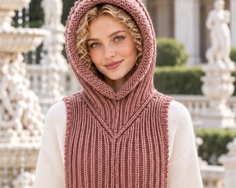 Hooded Cowl Pattern, Chunky Wool Knitting PDF for Intermediate Knitters