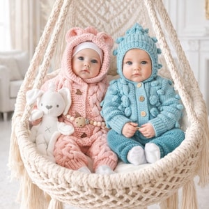 Baby Winter Knitting Pattern Bundle: 4 in 1 Romper, Popcorn Cardigan, Beanie Hat and Pants