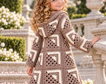 Granny Square Coat Crochet Pattern, Kids Hooded Jacket, Toddler Zipper Cardigan PDF, Girls Hoodie