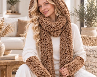 Hooded Scarf Knitting Pattern, Fingerless Mitts, Arm Warmers, Easy Beginner PDF, Chunky Winter Set