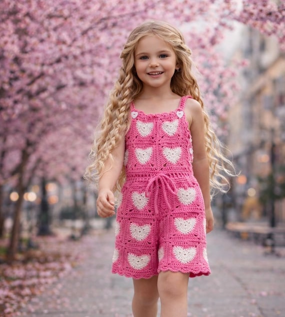 Crochet Baby Romper Pattern PDF, Heart Granny Squares Outfit, Toddler Jumpsuit, Summer Clothing Set
