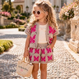 Modello all'uncinetto per completo "Grandma Square" per bambina: cardigan e pantaloncini.