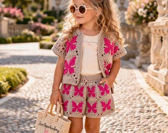 Granny Square Outfit Crochet Pattern for Baby Girl Cardigan and Shorts Set