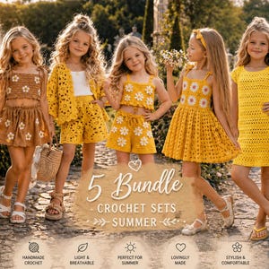 May include: Five young girls modelling handmade crochet outfits. The outfits include skirts, shorts, tops, and dresses, all decorated with daisy patterns. The colour scheme is mainly yellow and brown, ideal for summer wear.