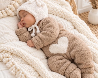 Teddy Romper Knitting Pattern, Bunny Ear Baby Hat, Plush Heart Jumpsuit, Newborn Onesie PDF