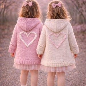 Girl Coat Pattern, Hooded Knit PDF With Bobble Heart Motif