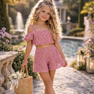 Haakpatroon voor een crop top set voor meisjes, boho zomeroutfit met top en short.
