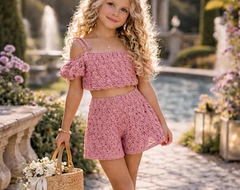 Crochet Crop Set Pattern for Girls, Boho Summer Outfit with Top and Shorts