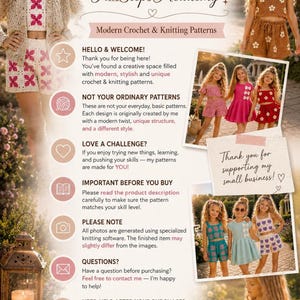 Informational graphic for FunSteps Academy featuring text blocks, policy details, and multiple photos of young girls wearing crochet clothing.