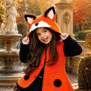 Fox Coat Pattern for Girls, Hooded Crochet Jacket with Ears, Sizes 2–10 Years