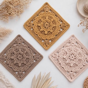Haakpatroon voor een Grandma Square (PDF), met een bloemmotief in textuur met puffsteken.