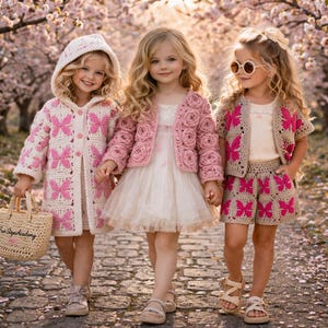 Può includere: Tre giovani ragazze in abiti all'uncinetto fatti a mano camminano lungo un sentiero fiancheggiato da alberi in fiore. Gli abiti includono un cappotto con cappuccio con dettagli a farfalla, una giacca a motivi floreali e un completo pantaloncini con farfalle.
