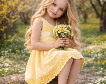 Crochet Yellow Summer Dress Pattern for Girls PDF, Top Down Crochet Clothes