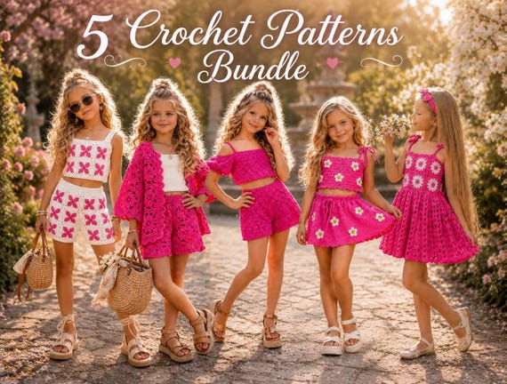 Crochet Bundle PDF, 5 Girls' Summer Patterns, Granny Square Sets