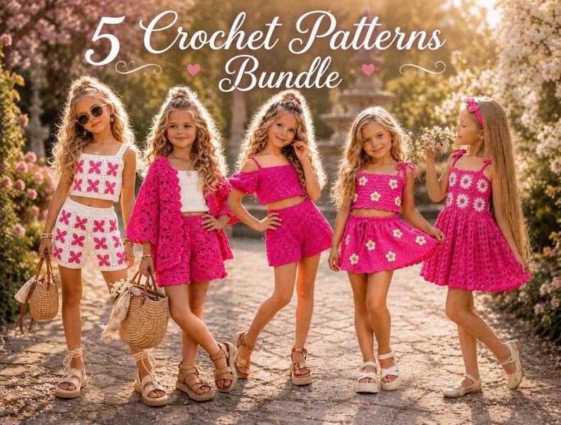 Girls crochet patterns bundle featuring pink summer sets granny square outfits and daisy dress