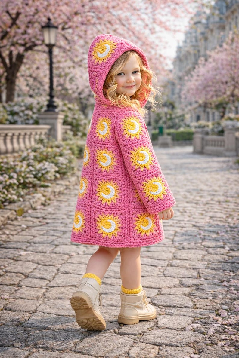 Crochet Granny Square Coat Pattern PDF, Kids Hooded Coat, Flower Jacket ...