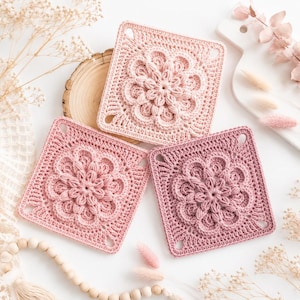 Ribbon Rose Granny Square Crochet Pattern PDF, Looped Petal Flower Motif, Single Color Block