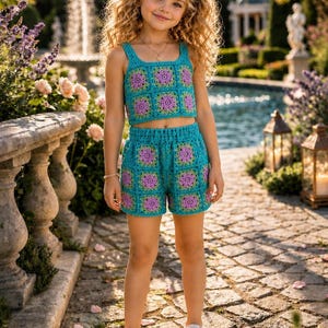 Crochet Set Pattern, Granny Square Top And Shorts PDF For Girls