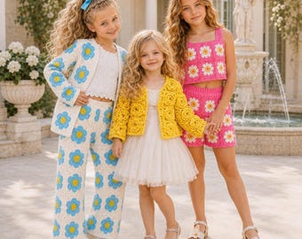 Crochet Pattern Set, Granny Square Kids Outfit PDF Bundle with Rose Jacket