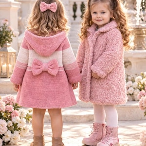 Baby Hoodie Knitting Pattern Bundle, Bow Detail and Long Bouclé Coat PDFs