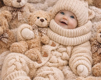 Baby Winter Knitting Pattern Bundle: Romper, Hat, Booties, Mittens, Scarf (PDF Download)