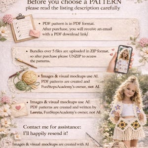 Informational graphic for FunSteps Academy with text explaining PDF pattern purchases, surrounded by floral illustrations, yarn balls, and a photo of a young girl in a crochet outfit.
