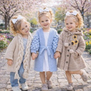 Könnte beinhalten: Drei junge Kinder in Strickkleidung: ein beigefarbener Cardigan mit geflochtenem Schal, ein hellblauer Cardigan mit Blasenärmeln und ein beigefarbener Mantel mit Sonnenblumenmuster. Jedes Kind hat eine weiße Schleife im Haar und hält Händchen.