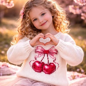 May include: A young person with curly blonde hair smiles, forming a heart shape with their hands. They wear a white sweater with a pink bow and cherry design. The background features soft pink blossoms and a blurred, warm light.