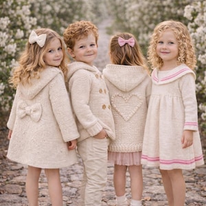 Może przedstawiać: Cztery dzieci, dwie dziewczynki i dwóch chłopców, stoją razem w ogrodzie. Mają na sobie kremowe płaszcze i sukienki z dzianiny. Dziewczynki mają kokardy we włosach. Chłopiec pośrodku ma na sobie spodnie khaki i sweter z dzianiny.