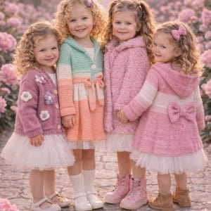 May include: Four young girls in pastel-colored outfits stand together in a garden. They wear dresses, sweaters, and coats in shades of pink, mint green, and peach. The girls are smiling, surrounded by pink flowers.