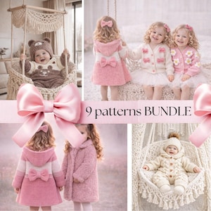 May include: A selection of children's knitwear, including coats, sweaters, and hats in soft pink, white, and beige. The garments feature bow details. The image also shows a baby in a swing and the text "9 patterns BUNDLE".