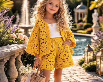 Häkelanleitung für ein Sommer-Set: Kinder-Strickjacke und Shorts im Oma-Stil
