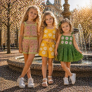 Crochet summer set bundle for girls, three outfits, granny square top and shorts, kids fashion outfit