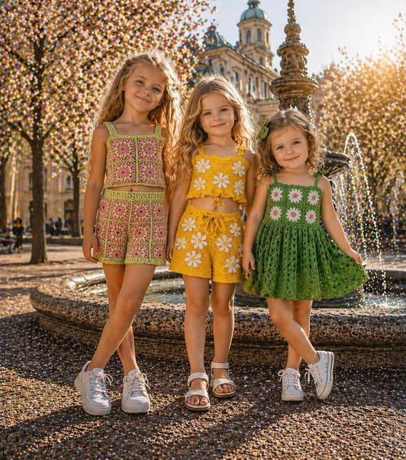 Crochet Bundle PDF, Girls' Summer Outfit Designs with Granny Squares