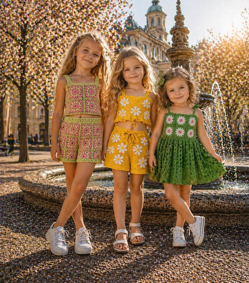 Crochet summer set bundle for girls, three outfits, granny square top and shorts, kids fashion outfit