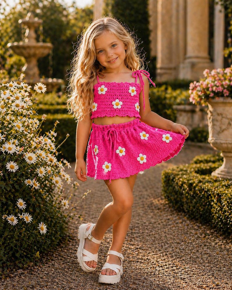 Summer crochet pattern bundle for girls with matching tops skirts shorts and floral dress