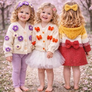 May include: Three young children in handmade outfits. The cream-coloured cardigans feature flower and bow details. One child wears a purple headband, another a white tutu, and the third a red and yellow dress with a bow.