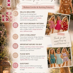 Informational graphic introducing a crochet pattern shop with text, icons, and small photos of young girls wearing handmade crochet outfits.