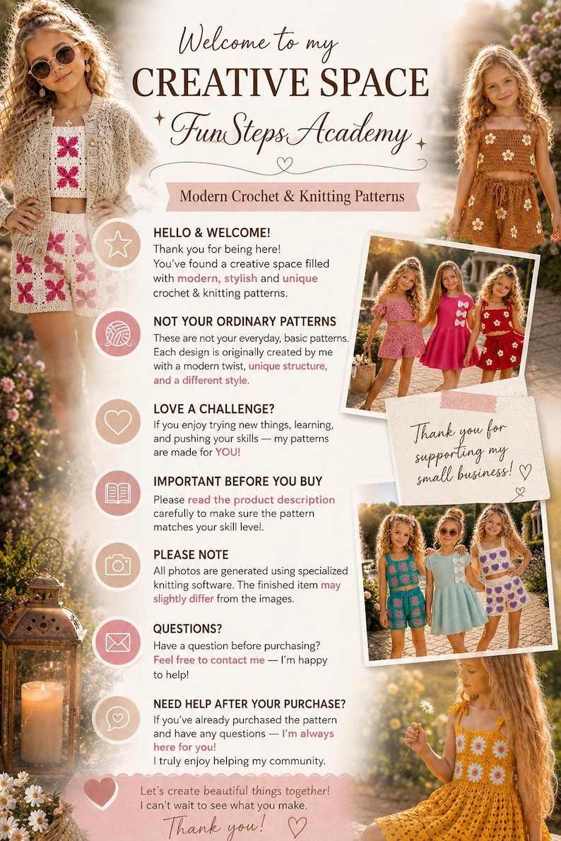 Informational graphic introducing a crochet pattern shop with text, icons, and small photos of young girls wearing handmade crochet outfits.