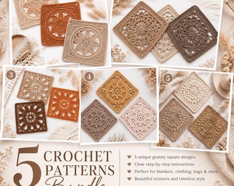 5 Crochet Granny Square Patterns Bundle, Floral Motif Squares, Boho Lace Crochet Designs