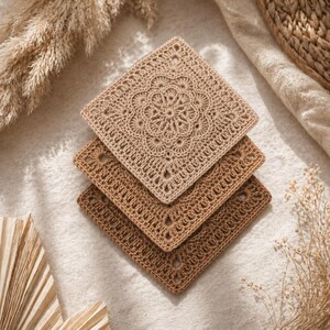 crochet granny square pattern boho style neutral yarn square motif detailed texture
