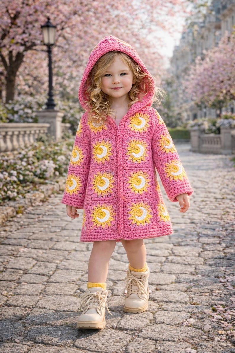 Crochet Granny Square Coat Pattern PDF, Kids Hooded Coat, Flower Jacket ...