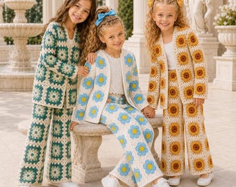 Crochet Pattern Bundle, Granny Square Girls' Cardigan And Pants Set, Sizes 2-8