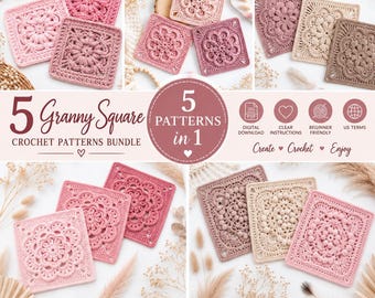 5 Flower Granny Square Crochet Patterns Bundle, Floral Motif PDF, Boho Blanket Squares
