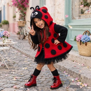 May include: A child's red ladybug-themed coat with black spots and a matching hood. The coat has black sleeves and is paired with a black skirt and red boots. The hood features antennae and eyes, completing the ladybug design.